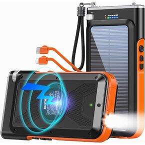 BLAVOR Solar Power Bank 20000mAh, Wireless Charging, QC 3.0 Fast Charging, Portable Charger Built-in 2 Cables and Flashlight, Battery Pack for Hiking, Camping, Travel and Emergency Preparedness