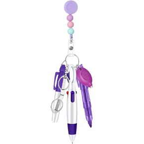 6 Pcs Nurse Badge Accessories Include Nurse Pen Permanent Marker Mini Highlighter Silicone Bead Retractable Badge Holders Folding Scissors LED Keychain and Flashlight(Purple)