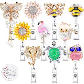 Teling 10 Pcs Nurse Badge Holder Retractable Bling Rhinestone Badge Reels with Clip Animal Butterfly Style for Nurse ID Name Card Teacher Office Gift(Animal Flower with White Clip)