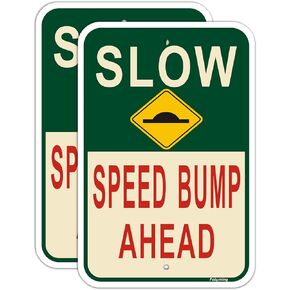 2 Pack Slow Speed Bump Ahead Signs, Slow Down With Speed Bump Emblem Sign 18 x 12 Inches Engineer Grade Metal Reflective Sturdy Rust Aluminum Waterproof Easy to Install