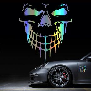 HungMieh Skull Stickers and Decals for Car Windows Doors and Trucks, 3D Skull Decals and Signs for Car Styling, Laser Skull Bumper Stickers for Car Decor, Holographic Silver, 6.97"