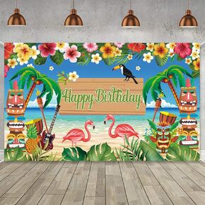 KYMY Large Hawaiian Luau Happy Birthday Backdrop Banner, Summer Floral Tropical Flamingo Birthday Sign with 70.8''X43.3'', Hawaii Theme Photograph Background Supplies for Birthday Party Decorations