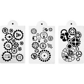 3pcs Gear Pattern Rectangle Shape Hollow Out Painting Stencils Drawing Templates with Handle
