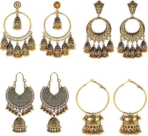 DOUVEI 4 Pairs Oxidized Gold Silver Indian Jhumka Jhumki Earrings Jewelry Stud Earrings Combo Women Girls in Saudi Arabia