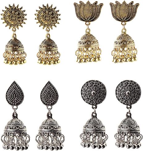 DOUVEI 4 Pairs Oxidized Gold Silver Indian Jhumka Jhumki Earrings Jewelry Stud Earrings Combo Women Girls in Saudi Arabia