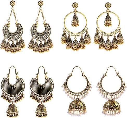 DOUVEI 4 Pairs Oxidized Gold Silver Indian Jhumka Jhumki Earrings Jewelry Stud Earrings Combo Women Girls in Saudi Arabia