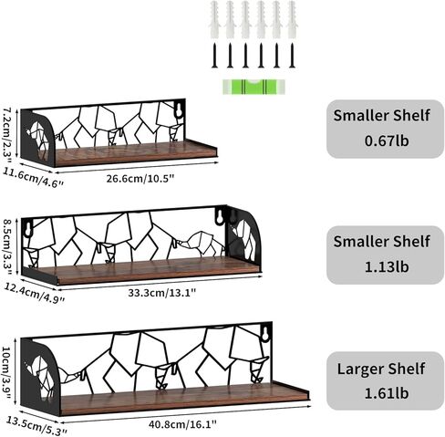 أرفف عائمة من CRUGLA مقاس 16 بوصة لمجموعة الحائط المكونة من 3 قطع، ديكور فني جداري لعائلة الفيل، رف تخزين معلق ريفي للحمام والمطبخ وغرفة النوم وغرفة المعيشة ورف الكتب in Kuwait