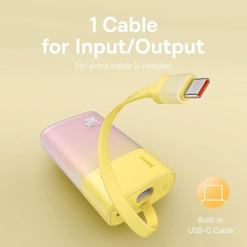 Baseus Power Bank Mini, PD 20W Fast Charging, 5200mAh Portable Charger, Built-in USB-C Cable, Lightweight, USB-C Port, Cute & Handy, Compatible with Galaxy, Sony and Google Type-C Devices (Purple) in Saudi Arabia