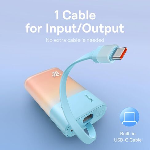Baseus Power Bank Mini, PD 20W Fast Charging, 5200mAh Portable Charger, Built-in USB-C Cable, Lightweight, USB-C Port, Cute & Handy, Compatible with Galaxy, Sony and Google Type-C Devices (Purple) in Saudi Arabia