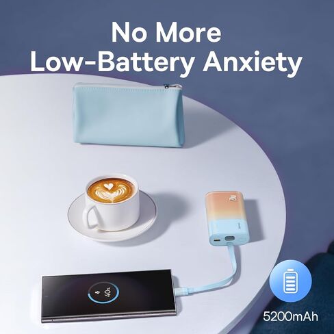 Baseus Power Bank Mini, PD 20W Fast Charging, 5200mAh Portable Charger, Built-in USB-C Cable, Lightweight, USB-C Port, Cute & Handy, Compatible with Galaxy, Sony and Google Type-C Devices (Purple) in Saudi Arabia