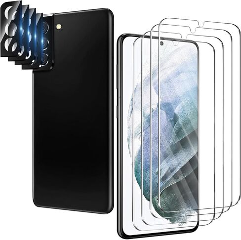 [4+4 عبوات] واقي شاشة Samsung Galaxy S21 5G + واقي عدسة الكاميرا، زجاج مقسى 9H، متوافق مع بصمات الأصابع بالموجات فوق الصوتية، وضوح عالي، مضاد للكسر، خالٍ من الفقاعات لواقي شاشة Samsung S21 in Kuwait