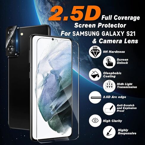 [4+4 عبوات] واقي شاشة Samsung Galaxy S21 5G + واقي عدسة الكاميرا، زجاج مقسى 9H، متوافق مع بصمات الأصابع بالموجات فوق الصوتية، وضوح عالي، مضاد للكسر، خالٍ من الفقاعات لواقي شاشة Samsung S21 in Kuwait