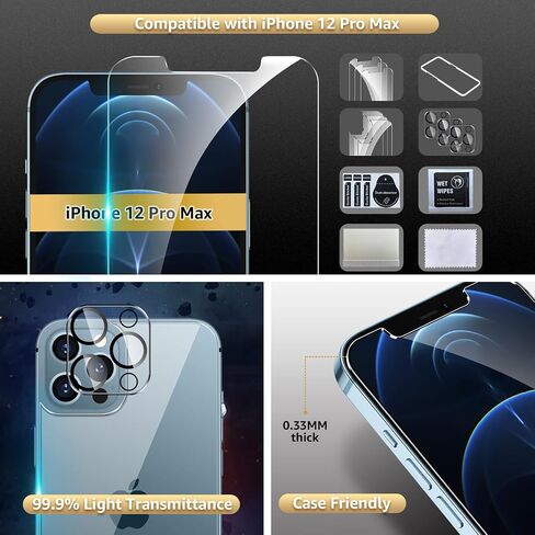 3+3+3 Pack Screen Protector Compatible with iPhone 12 Pro Max (6.7 inch), Front + Back Screen Protector + Camera Lens Protector Tempered Glass 9H HD [Installation Frame] [Precise Cutout] in Saudi Arabia