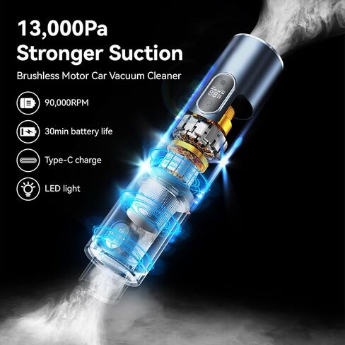 مكنسة كهربائية للسيارة عالية الطاقة، مكنسة كهربائية محمولة لاسلكية 3 في 1، مكنسة كهربائية محمولة لاسلكية قوية بقوة 13000 باسكال مع ضوء LED، شاشة LCD ومحرك بدون فرشاة لتنظيف السيارة والمنزل (أسود) in Kuwait