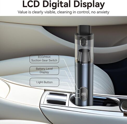 مكنسة كهربائية للسيارة عالية الطاقة، مكنسة كهربائية محمولة لاسلكية 3 في 1، مكنسة كهربائية محمولة لاسلكية قوية بقوة 13000 باسكال مع ضوء LED، شاشة LCD ومحرك بدون فرشاة لتنظيف السيارة والمنزل (أسود) in Kuwait