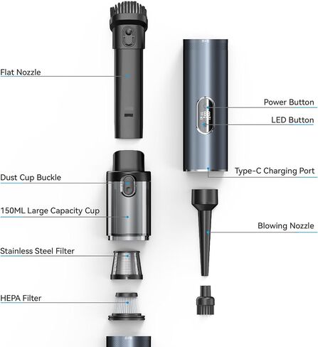 مكنسة كهربائية للسيارة عالية الطاقة، مكنسة كهربائية محمولة لاسلكية 3 في 1، مكنسة كهربائية محمولة لاسلكية قوية بقوة 13000 باسكال مع ضوء LED، شاشة LCD ومحرك بدون فرشاة لتنظيف السيارة والمنزل (أسود) in Kuwait