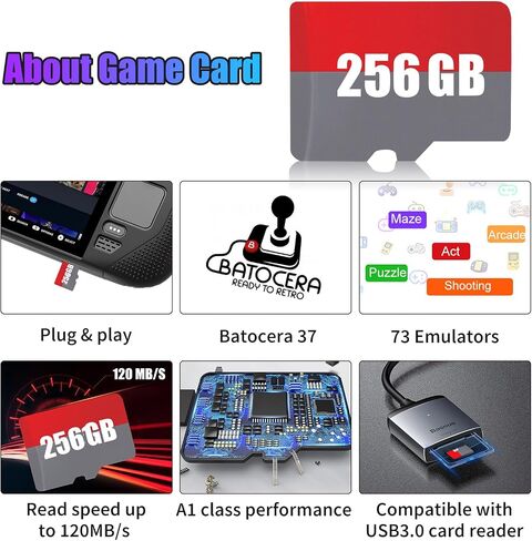 Retro Game Card for Steam Deck/Win 600/PC 256GB, 73 Emulator Console, 43552 Plug and Play Video Games, Batocera 37 Game System, DIY Retro Gaming Console, A1 Performance, Up to 120MB/s in Saudi Arabia