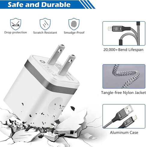 for iPhone Charger Cable 10 FT with Wall Plug, Braided Long iPhone Charging Cord + Dual USB Wall Charger Block Adapter Compatible with iPhone 12/11/11 Pro Max/XS/XR/X/8/7/6 Plus, iPad (4-Pack) in Saudi Arabia