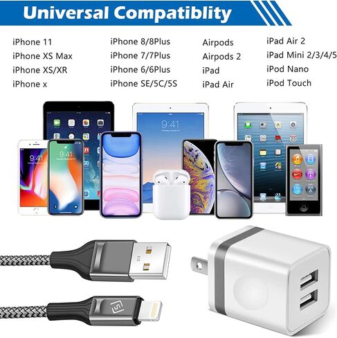 for iPhone Charger Cable 10 FT with Wall Plug, Braided Long iPhone Charging Cord + Dual USB Wall Charger Block Adapter Compatible with iPhone 12/11/11 Pro Max/XS/XR/X/8/7/6 Plus, iPad (4-Pack) in Saudi Arabia
