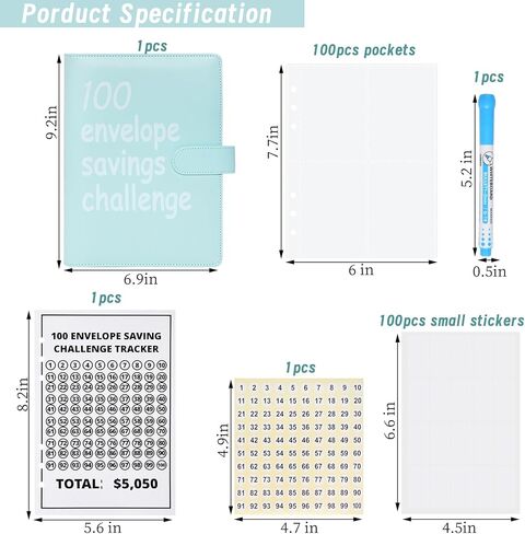 مجلد تحدي 100 ظرف، تحدي توفير أموال التخزين مقاس A5، أظرف لتوفير المال، طريقة سهلة وممتعة لتوفير كتاب ميزانية بقيمة 5050 دولارًا لتوفير المال in Kuwait