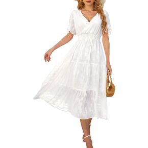 Women's 2024 Summer V Neck A-Line Floral Cocktail Party Midi Dress Casual Flutter Sleeve Flowy Tiered Long Dresses