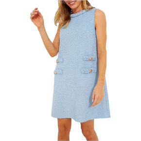 Women's Tweed Jackie Dress Crew Neck Sleeveless Elegant Vintage Button Bodycon A-line Mini Dresses