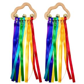 2pcs Baby Natural Wood Bracelet with Bell Rainbow Ribbon Sensory Toy- The Best Sensory Toys for Audiovisual and Motor Development, Encourages Parent-Child Interaction, for Babies Aged 3-24 Months