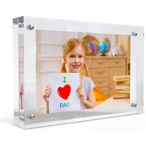 MIRA-K Acrylic Photo Frame 5x7 With Base and Magnetic Closure | Crystal Memories | Double Sided Frameless Lucite Photo Frame for Tabletop