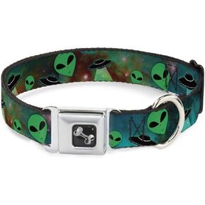 Buckle-Down Dog Collar Seatbelt Buckle Aliens UFOs Galaxy Green Black White 11 to 17 Inches 1.0 Inch Wide
