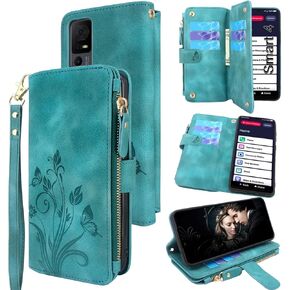 Lacass Case for Jitterbug Smart4,[Cards Theft Scan Protection] Card Holder Zipper Wallet Case Flip Leather Cover for Jitterbug Smart 4 (2023) for Seniors (aka Lively Smart) (Floral Blue Green)