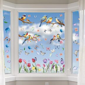 Birds Window Clings for Window Decorations Spring Summer Window Decals Flower Hummingbirds to Prevent Bird Strikes 76PCS Home Party Decoration Stickers