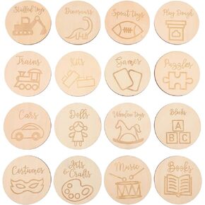 16pcs Wooden Tags for Nursery Decor Home décor Kids Storage Organizer for Toys Wood tag Storage Bins for Clothes Wooden Round Circle for Home Decoration Wood Chips The Circle Child