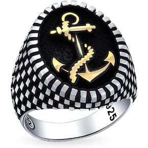 Personalize Mens Nautical Black Onyx Gemstone Or Etched Brown Wood Inset Large Boat Anchor Signet Ring For Men Solid .925 Sterling Silver Made In Turkey
