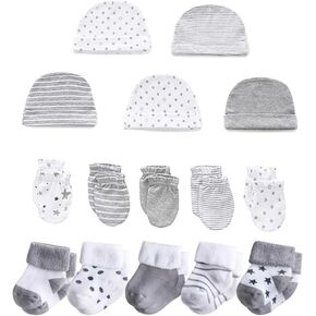 ikasus 15PCS Baby Hats Mittens and Socks Set Unisex Cotton Beanie Cap and Scratch Mitten Non-Slip Baby Ankle Socks Type 1