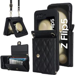 for Samsung Galaxy Z Flip 5 Wallet Case with Card Holder, Crossbody Wallet Leather Handbag with RFID Blocking Detachable Lanyard Magnetic Flip Case for Galaxy Z Flip5 5G (Black)