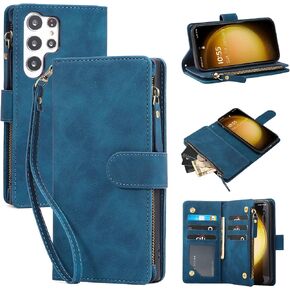 RANYOK Compatible with Galaxy S24 Ultra 5G Wallet Case, Premium PU Leather Zipper Folio RFID Blocking with Card Slot Wrist Strap Magnetic Closure Built-in Kickstand Protective Case (Baby Blue)