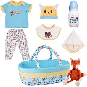 BABESIDE 8 PCS Reborn Baby Doll Clothes Set with Bassinet for 17-22 Inch Dolls, Baby Dolls Clothing Outfit Accessories with Fox Doll for Baby Doll Boy Girl