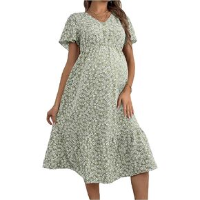 MakeMeChic Women's Maternity Dress Summer Ditsy Floral V Neck Short Sleeve A Line Swing Midi Dress