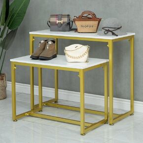 CIVANA Metal Shoe Handbag Display Stand, Nesting Tables 2 Piece Set, Imitation Marble Display Table for Retail Store, Display Riser Shelf for Boutique, Iron and Wood, Gold in Kuwait