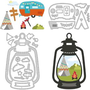 GLOBLELAND Camping Metal Cutting Dies Lights and Tents Die Cuts for DIY Scrapbooking Festival Birthday Wedding Cards Making Album Envelope Decoration,Matte Platinum