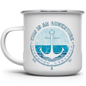 This is an Adventure Enamel Nautical Sailing Camp Mug, Campfire Coffee Mug, Nature Ocean Outdoor Wanderlust Travel Lover Gift (16oz)