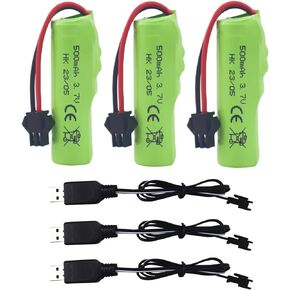 3PCS 3.7V 500mAh Lithium Battery With 3PCS USB Charging Cable For DE35 DE38 TB202 TB201 TM201 TM202 TC141 DE44 DE55 TS201 TD202 TD161 Double-Sided Rollover Stunt RC Car And Children's Toy Car