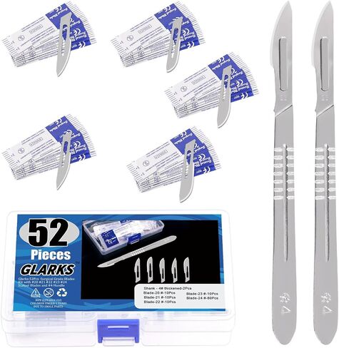 Glarks 52 قطعة شفرة جراحية مع مجموعة مقبض، 50 قطعة #20#21#22#23#24 شفرة جراحية معقمة للاستعمال مرة واحدة مع قطعتين #4 مقبض مشرط لتشريح مختبر الأحياء، وممارسة القطع in Saudi Arabia