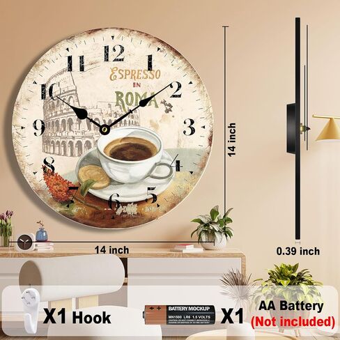 HQF 24 inch Wall Clocks Farmhouse Wall Clock French Clock - Cafe in Roma Retro Style Silent Clocks Battery Large Clocks with Silent Scan Movement Large Number for Living Room Bedroom Kitchen Decor in Saudi Arabia