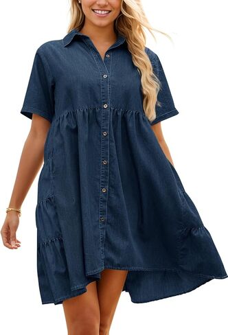 Zilcremo Women Summer Denim Babydoll Dress Button Down Back Tiered Flowy Jean Mini Dresses with Pockets in Saudi Arabia