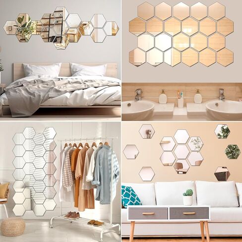 Queekay 24 Pcs Hexagon Acrylic Wall Mirror Stickers Self Adhesive Hexagon Mirror 2 mm Thickness Mirrors for Wedding Christmas Table Centerpieces Background Wall Decorations(10 Inch) in Saudi Arabia