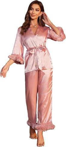 OYOANGLE Women's 2 piece Pajama Set Fuzzy Trim Satin Sleepwear Flare Sleeve Belted Top and Pants Lounge Set in Saudi Arabia