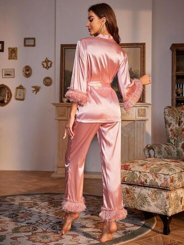 OYOANGLE Women's 2 piece Pajama Set Fuzzy Trim Satin Sleepwear Flare Sleeve Belted Top and Pants Lounge Set in Saudi Arabia