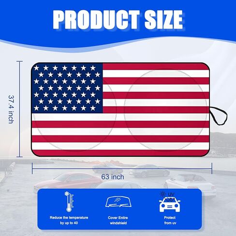 1 PC American Flag Car Windshield Protection, Foldable Vehicle Front Windshield Sun Shade for Blocking UV Ray, Universal Automotive Window Insulation Cover (Red #5.41Ft x 3.11Ft) in Kuwait