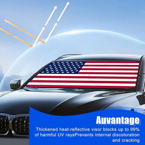 1 PC American Flag Car Windshield Protection, Foldable Vehicle Front Windshield Sun Shade for Blocking UV Ray, Universal Automotive Window Insulation Cover (Red #5.41Ft x 3.11Ft) in Kuwait